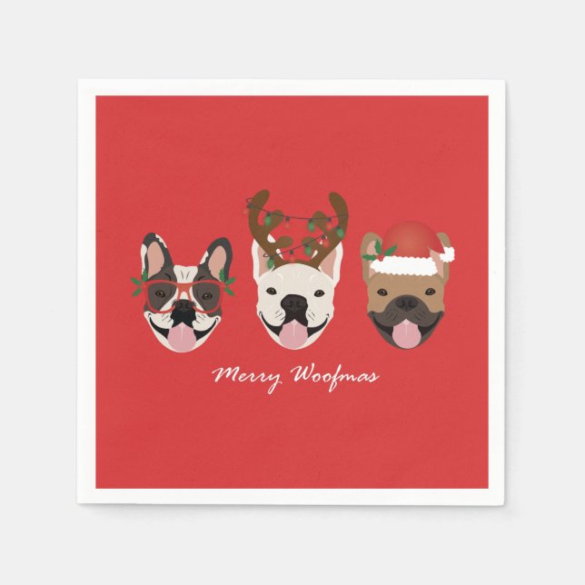 Servilleta De Papel Feliz Woofmas Bulldogs Franceses Cabezas de Navida (Anverso)