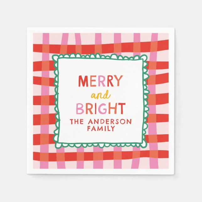 Servilleta De Papel Feliz y brillante Personalizado Holiday Red & Pink (Anverso)