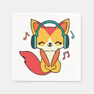 Servilleta De Papel Feliz zorro con auriculares escuchando música.