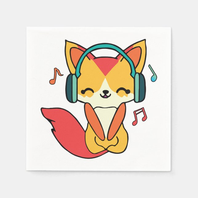 Servilleta De Papel Feliz zorro con auriculares escuchando música. (Anverso)