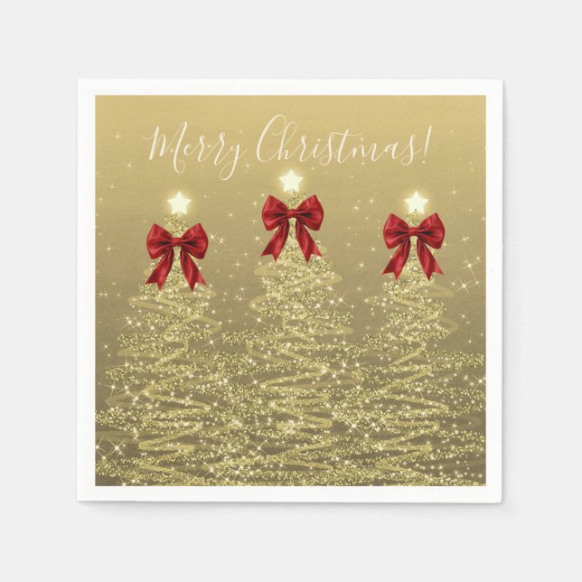 Servilleta De Papel Festive Holiday Gold Christmas Trees w/ Red Bows (Anverso)