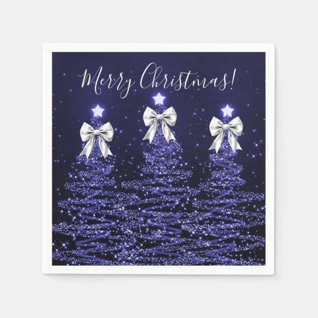 Servilleta De Papel Festive Holiday Navy Christmas Trees Silver Bows (Anverso)