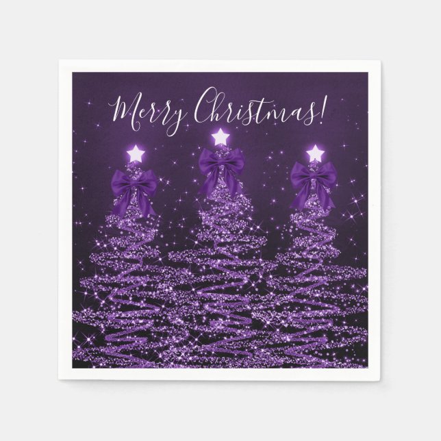 Servilleta De Papel Festive Holiday Purple Christmas Trees Bows (Anverso)