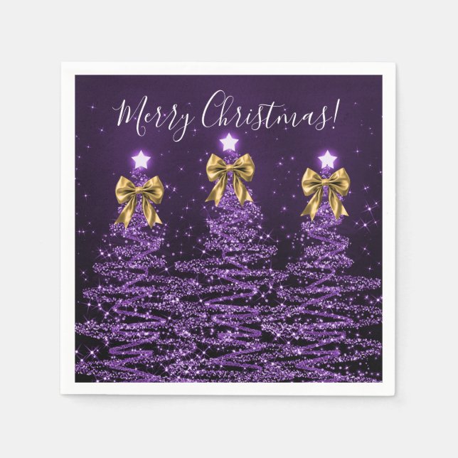 Servilleta De Papel Festive Holiday Purple Christmas Trees Gold Bows (Anverso)