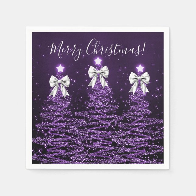 Servilleta De Papel Festive Holiday Purple Christmas Trees Silver Bows (Anverso)
