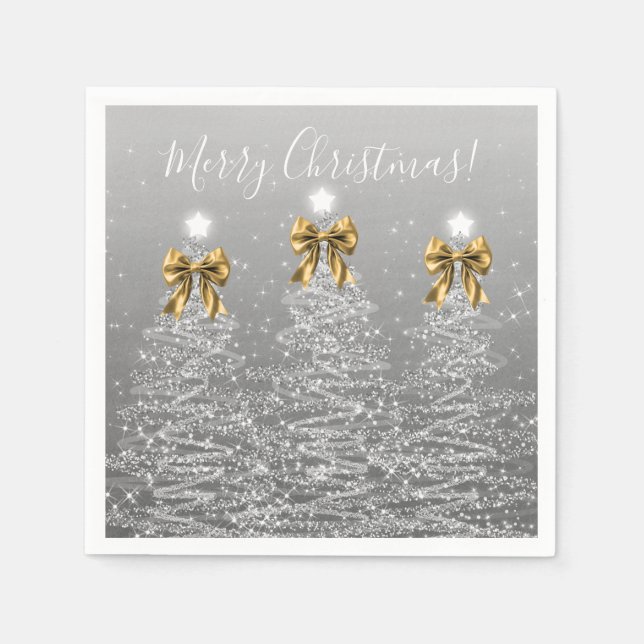 Servilleta De Papel Festive Holiday Silver Christmas Trees Gold Bows (Anverso)