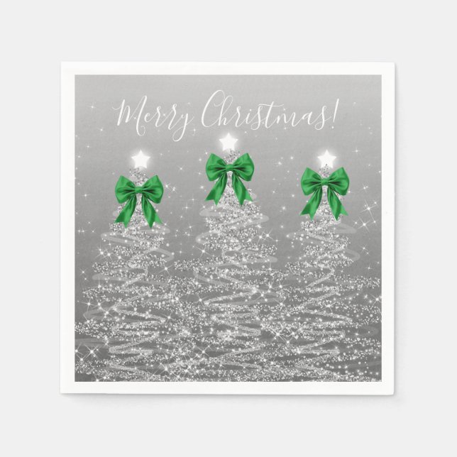 Servilleta De Papel Festive Holiday Silver Christmas Trees Green Bows (Anverso)