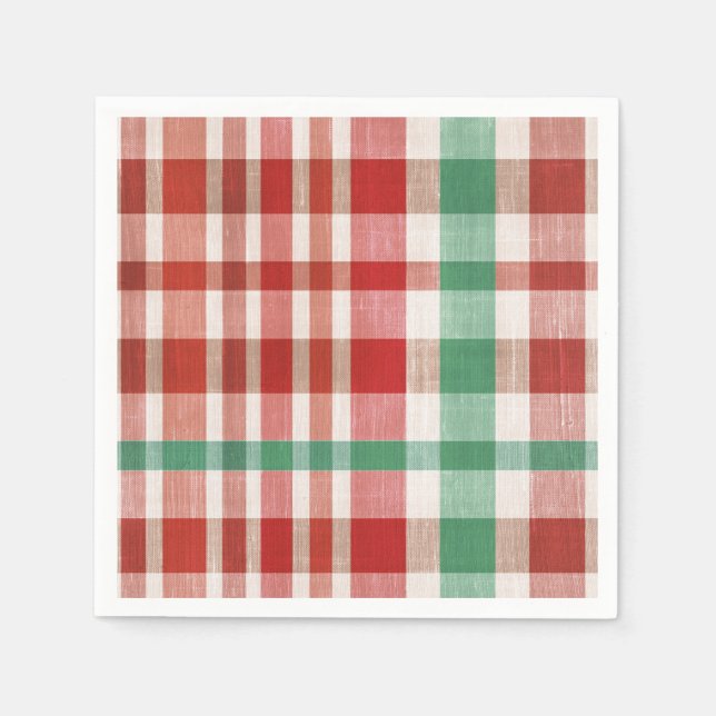 Servilleta De Papel Festive Retro Red Green Textured Plaid  (Anverso)