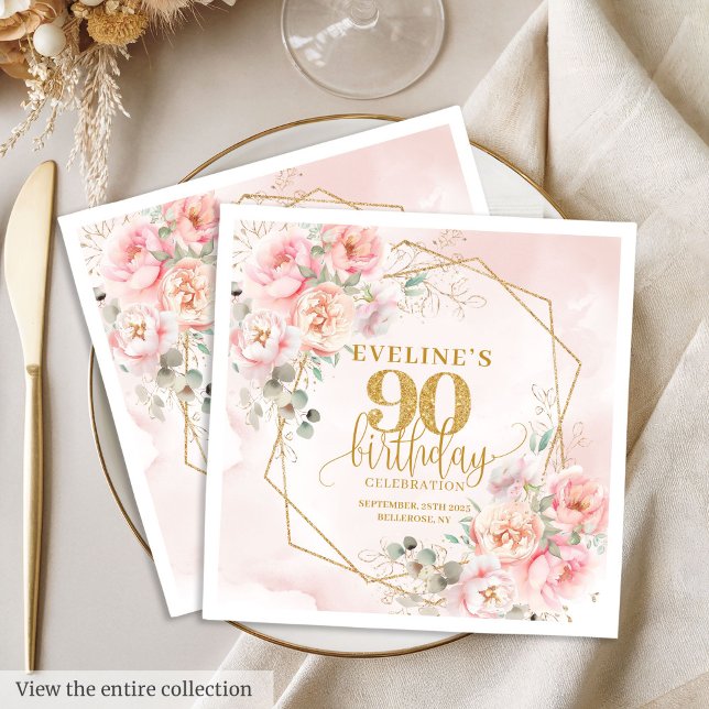 Servilleta De Papel Festividad floral rosa brillante 90 cumpleaños (Glowing blush pink floral 90th birthday party napkins)