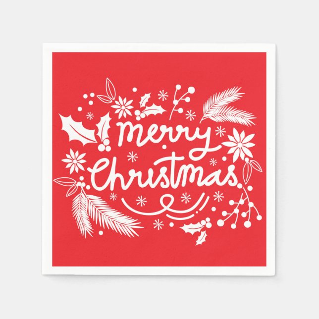 Servilleta De Papel Festividad navideña roja floral blanca (Anverso)