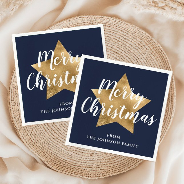 Servilleta De Papel Festividad Navy Blue Gold Star Feliz Navidad (Festive Navy Blue Gold Star Merry Christmas Napkins)