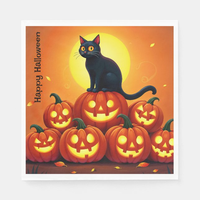 Servilleta De Papel Festividades de Halloween con gatos y luna llena (Anverso)