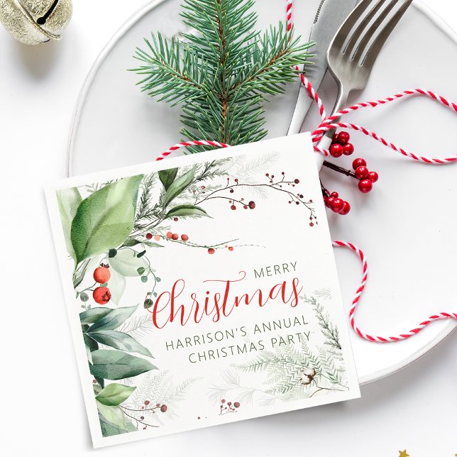 Servilleta De Papel Festivo Greenery de Acuarela Feliz Navidad (Festive Watercolor Greenery Merry Christmas Napkins)