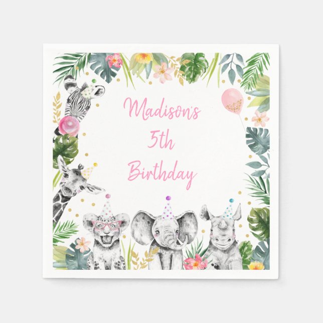 Servilleta De Papel Fiesta Animal Oro Rosa Safari Tropical Cumpleaños (Anverso)