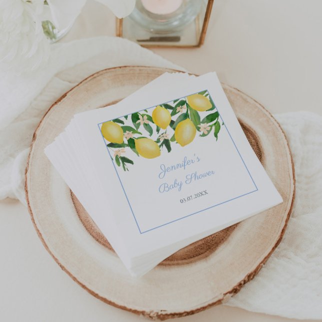 Servilleta De Papel Fiesta Baby Shower Lemons Pale Blue Boy (Watercolor lemons with pale blue accents napkins for baby boy shower )
