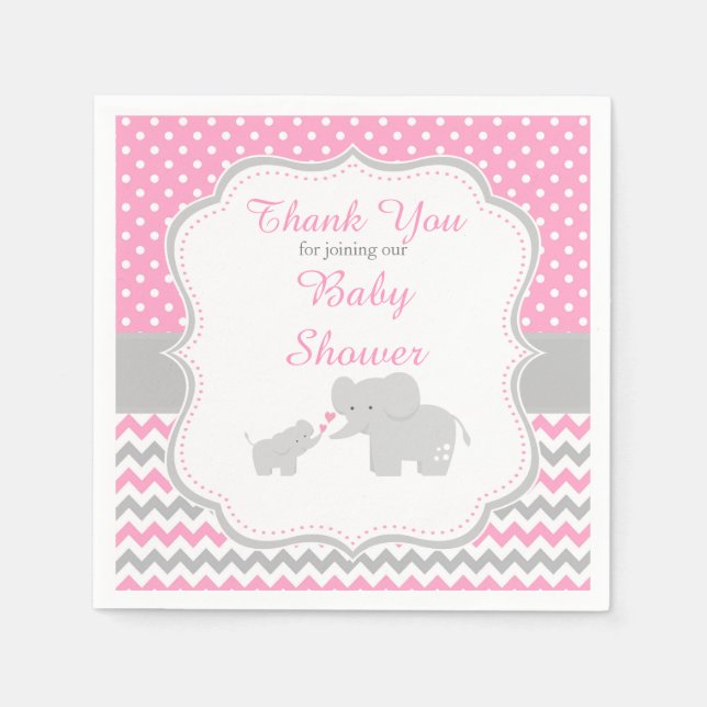 Servilleta De Papel Fiesta Baby Shower rosa y gris elefante (Anverso)