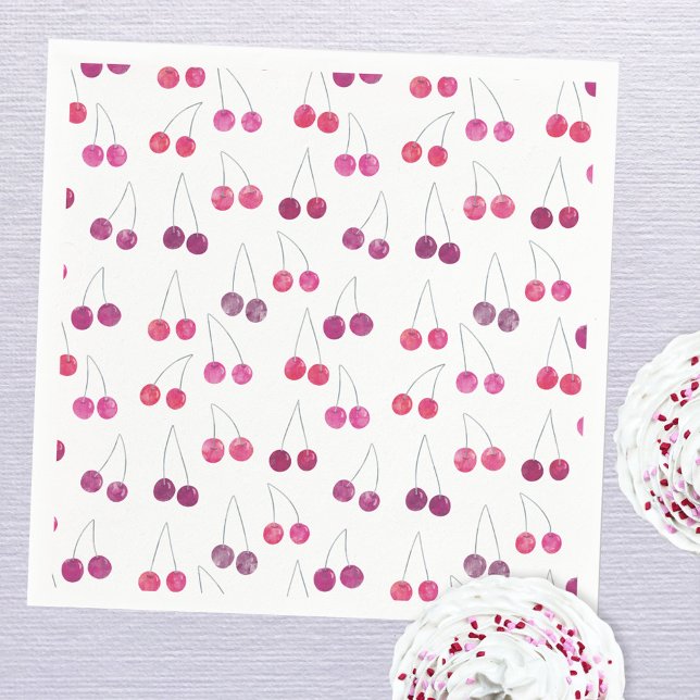 Servilleta De Papel Fiesta Cherry Watercolor (Pretty watercolor cherry pattern party paper napkin)