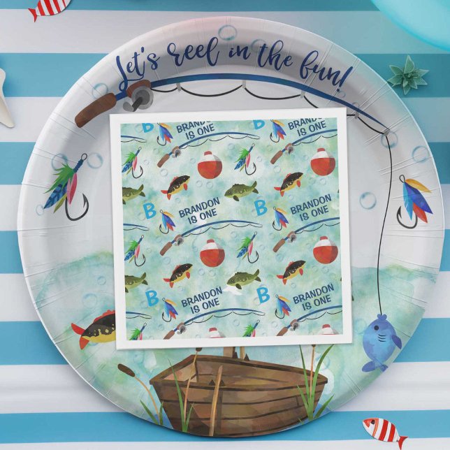 Servilleta De Papel Fiesta con temática de pesca de segundo cumpleaños (O fish ally one, boy 1st birthday fishing themed, birthday nakins.)