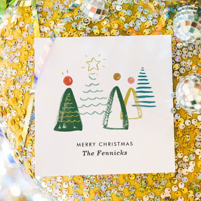 Servilleta De Papel Fiesta de acuarela moderna navideña (Watercolor Christmas trees personalized Merry Christmas party napkins.)