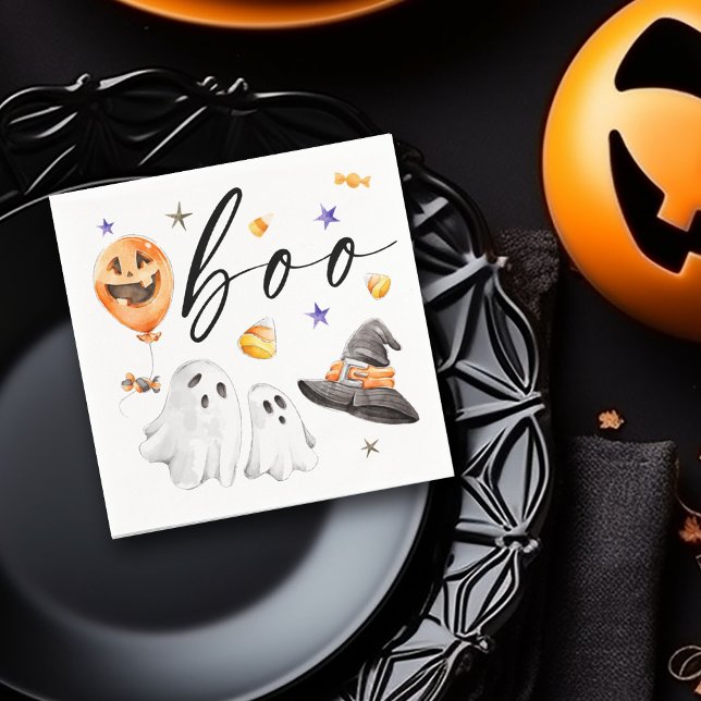 Servilleta De Papel Fiesta de agua de Halloween Boo  (Boo! Halloween watercolor ghosts, witch hat, pumpkin balloon and candy corn designed napkin,)