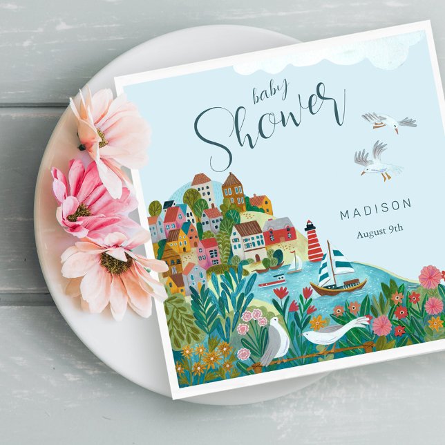 Servilleta De Papel Fiesta de baby shower de niño costero (It takes a village boy baby shower party napkins)