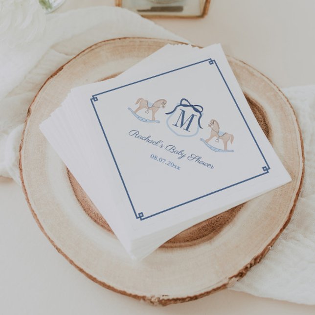 Servilleta De Papel Fiesta de Baby Shower del Caballo Mecedor de Monog (Smart monogram crest rocking horse baby shower napkins with dark blue accents)