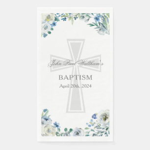 Servilleta De Papel Fiesta de Bautizo Floral Azul Cruz Cristiana Perso
