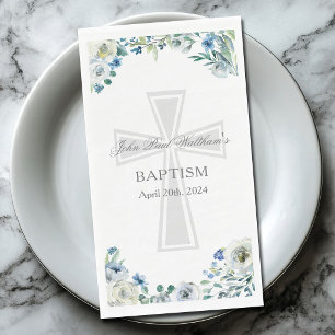 Servilleta De Papel Fiesta de Bautizo Floral Azul Cruz Cristiana Perso