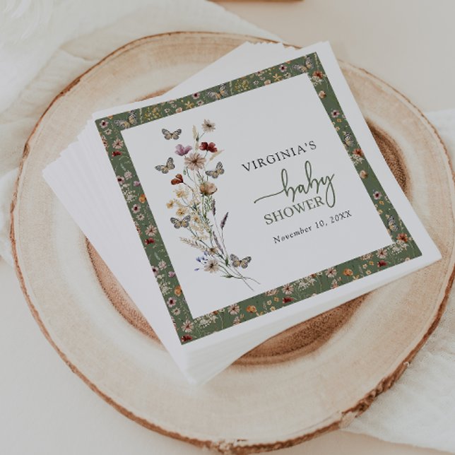 Servilleta De Papel Fiesta de Bebé de Flores Silvestres Verde Salvia (Sage Green Wildflower Baby Shower Napkins with Butterflies by Painted Paperie
)