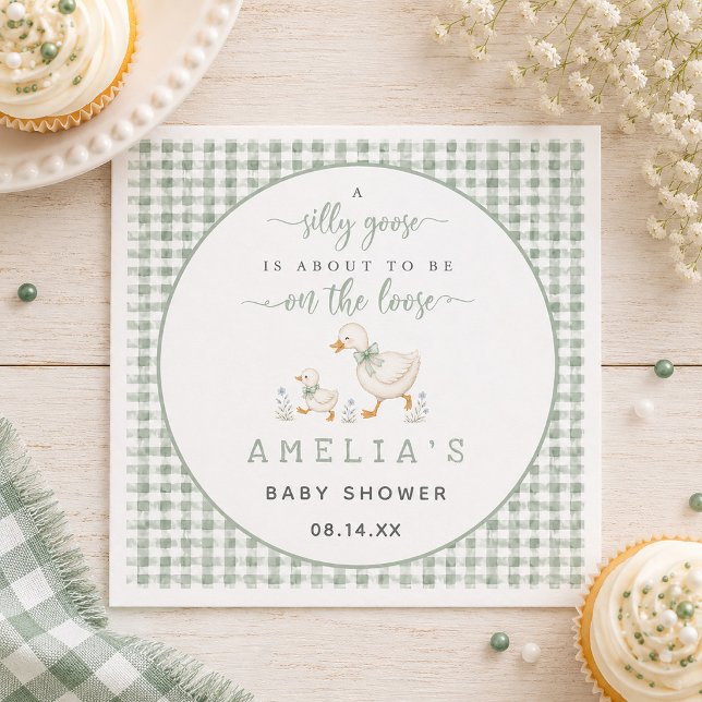 Servilleta De Papel Fiesta de Bebé de Gingham Verde Salvia Silly Goose (Silly Goose Sage Green Gingham Baby Shower Napkins)