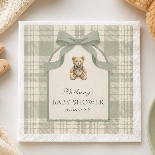 Servilleta De Papel Fiesta de Bebé de Oso de Peluche de Gingham Verde  (Sage Green Gingham Teddy Bear Paper Napkin)