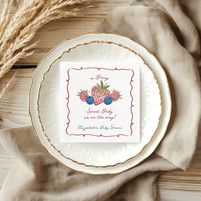 Servilleta De Papel Fiesta de Bebé Dulce y Original con Frutas Dibujad (Quirky-Hand-Drawn-Berry-Sweet-Baby-Shower-Napkins)
