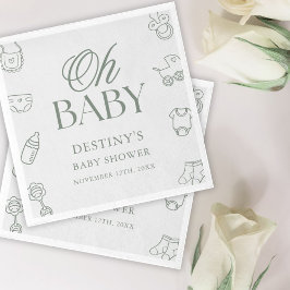 Servilleta De Papel Fiesta de Bebé Elegante en Verde Salvia Dibujada a