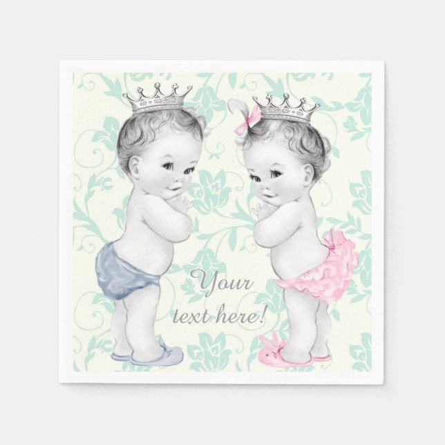 Servilleta De Papel Fiesta de Bebé Gemelos Príncipe y Princesa (Anverso)