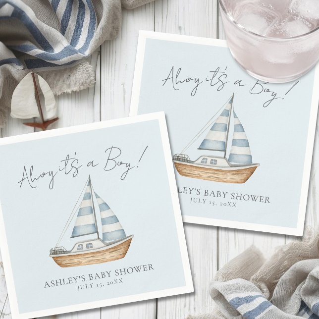 Servilleta De Papel Fiesta de Bebé Niño Azul Náutico (Nautical Blue Boy Baby Shower Napkins)