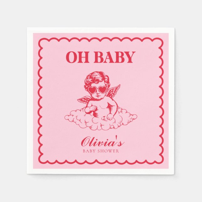 Servilleta De Papel Fiesta de Bebé Querubín Retro Rosa y Rojo (Anverso)