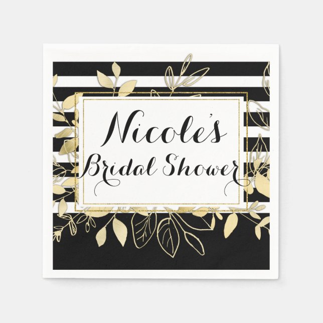 Servilleta De Papel Fiesta de Boda Glamour Botánico Negro y Dorado (Anverso)