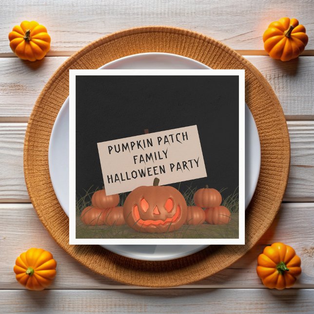 Servilleta De Papel Fiesta de calabaza de Halloween Jack O Lantern Nap (Fun pumpkin patch paper napkins with space for your Halloween Party details)