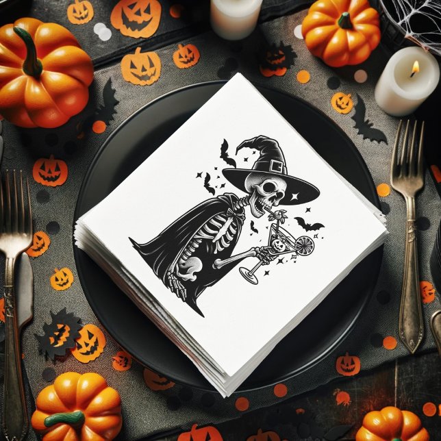 Servilleta De Papel Fiesta de cócteles de Halloween en Skeleton negro  (Black and White Skeleton Halloween Cocktail Party Napkins)
