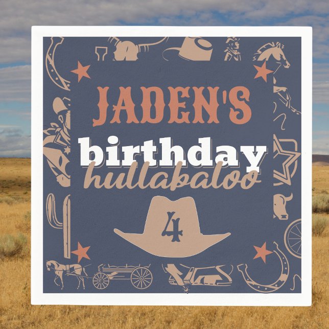 Servilleta De Papel fiesta de Cowboy Occidental "Birthday Hullabaloo" (cowboy western Wild West cowboy hat birthday hullabaloo party napkin blue white orange)
