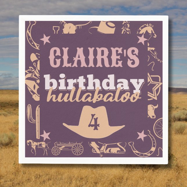 Servilleta De Papel fiesta de Cowgirl occidental "Cumpleaños Hullabalo (western cowgirl birthday hullabaloo birthday napkins purple pink orange custom name and age)