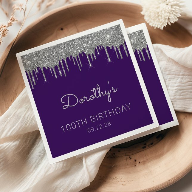 Servilleta De Papel Fiesta de cumpleaños 100 con brillo plateado púrpu (Subido por el creador)