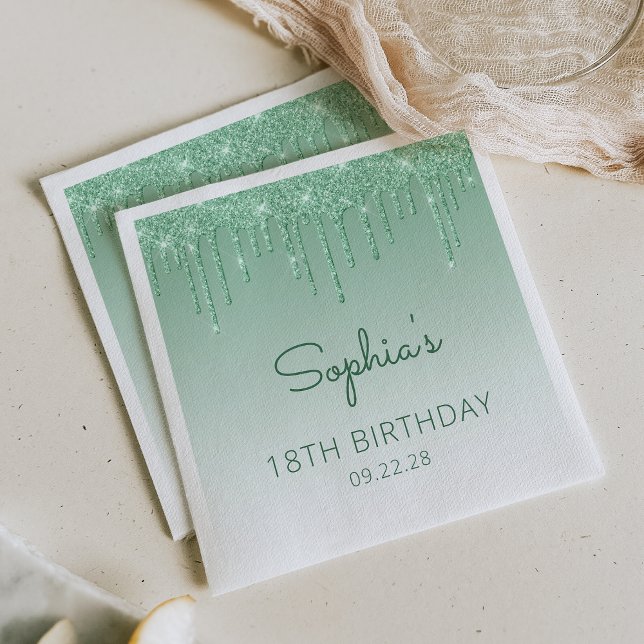 Servilleta De Papel Fiesta de cumpleaños 18 Chic Green Glitter Drip (Subido por el creador)