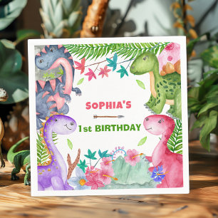 Servilleta De Papel Fiesta de cumpleaños 1 de niña dinosaurio lindo