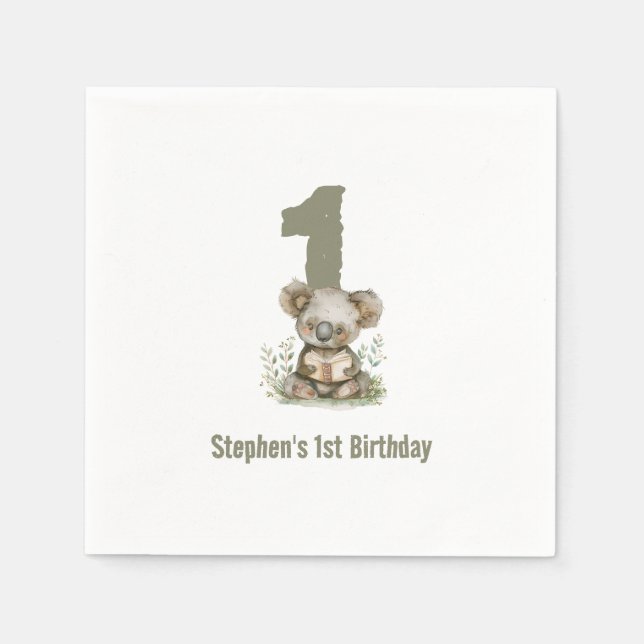 Servilleta De Papel Fiesta de cumpleaños 1 Koala Verde Sage Adorable  (Anverso)