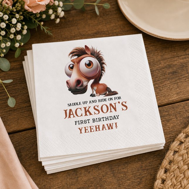 Servilleta De Papel Fiesta de Cumpleaños 1er con Caricaturas de Caball (Horse Caricatures 1st Birthday Party Napkins)