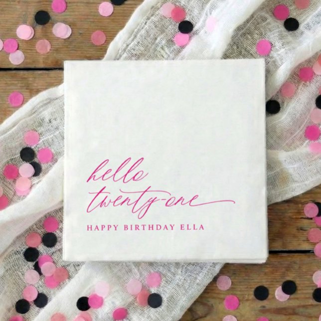 Servilleta De Papel Fiesta de cumpleaños 21 Hello 21 Moderno Rosa Cali (Pink hello 21 minimalist script 21st birthday party napkins)