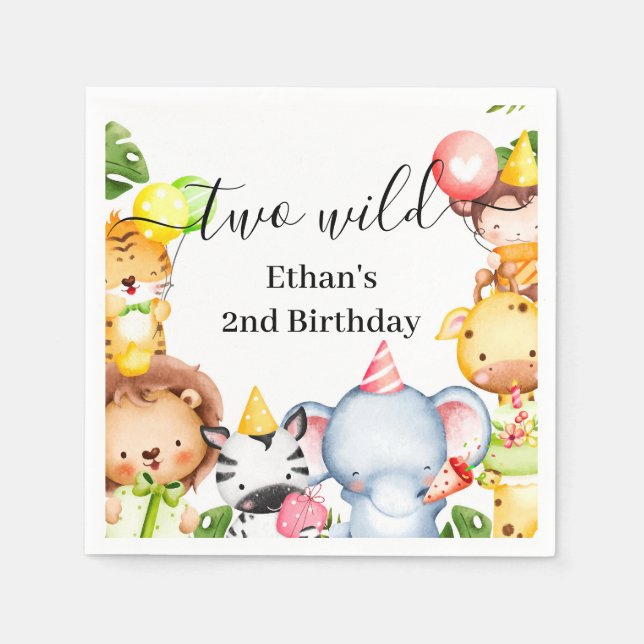 Servilleta De Papel Fiesta de Cumpleaños 2 Años con Dos Animales Salva (Anverso)
