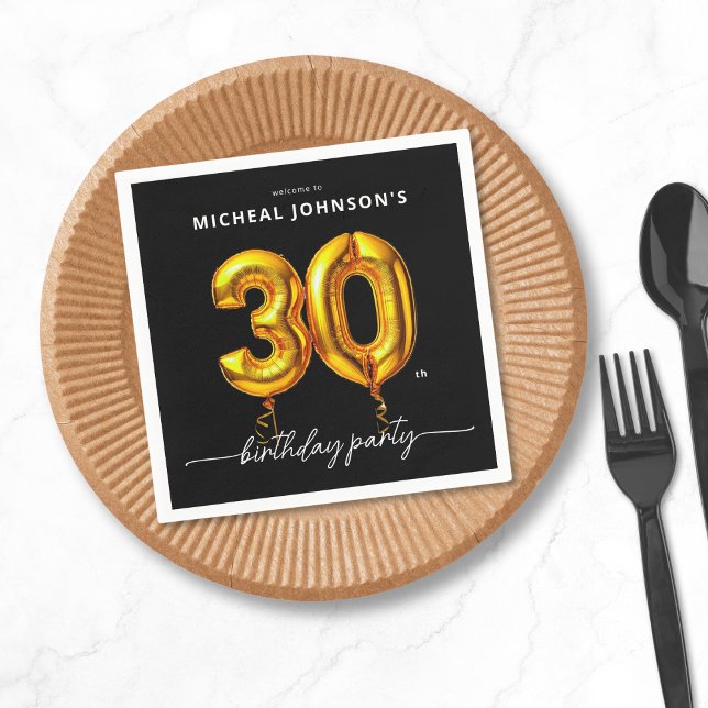 Servilleta De Papel Fiesta de cumpleaños 30 Black con globo de oro (Gold Balloon Black 30th Birthday Party Napkins)