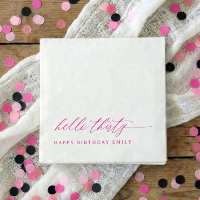 Servilleta De Papel Fiesta de cumpleaños 30 Hola 30 Rosa moderno (Pink hello 30 elegant script 30th birthday party napkins)